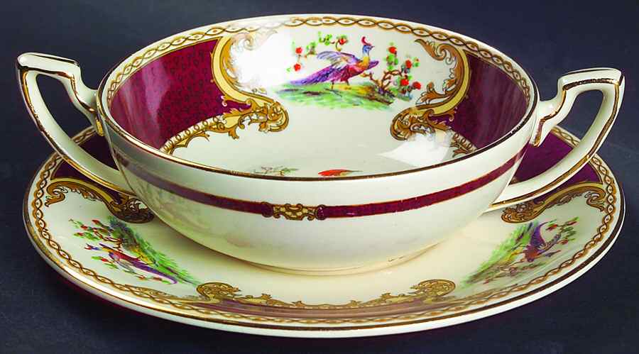 Chelsea Bird Red Flat Cream Soup Bowl & Saucer Set by Myott Staffordshire-1