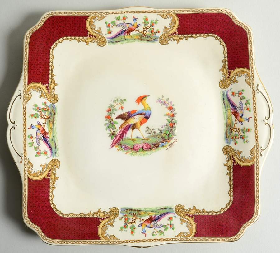 Chelsea Bird Red Square Handled Cake Plate by Myott Staffordshire-1