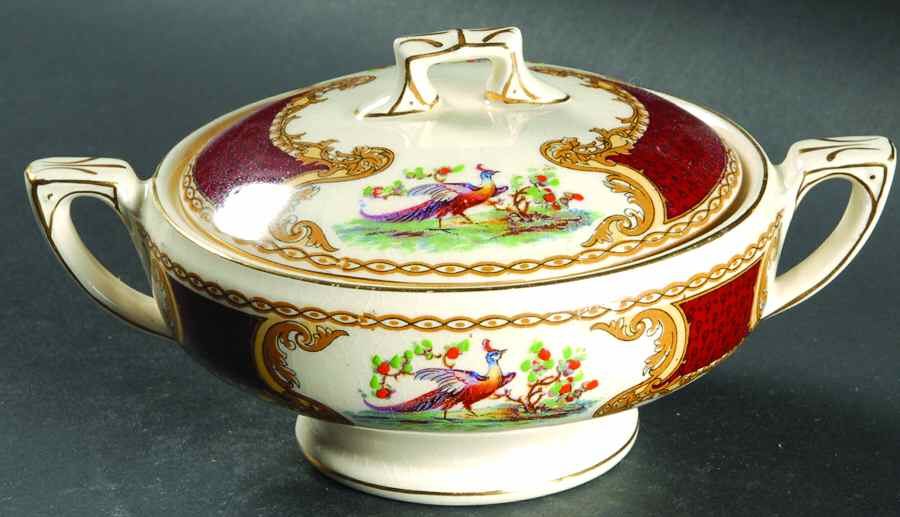 Chelsea Bird Red Sugar Bowl & Lid by Myott Staffordshire-1
