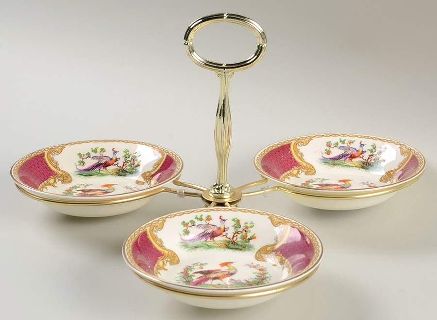 Chelsea Bird Red 7" x 12" 3-Part Relish & Metal Stand (FR) HC by Myott Staffordshire-1