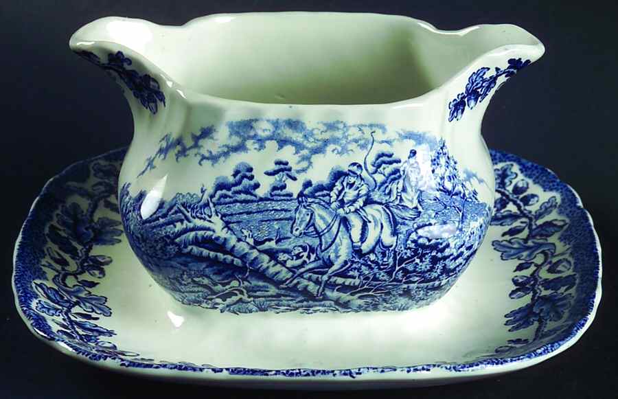 Country Life Blue Gravy Boat with Attached Underplate by Myott Staffordshire-1