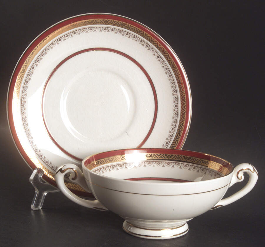 The Crowning Maroon Footed Cream Soup Bowl & Saucer Set by Myott Staffordshire-1