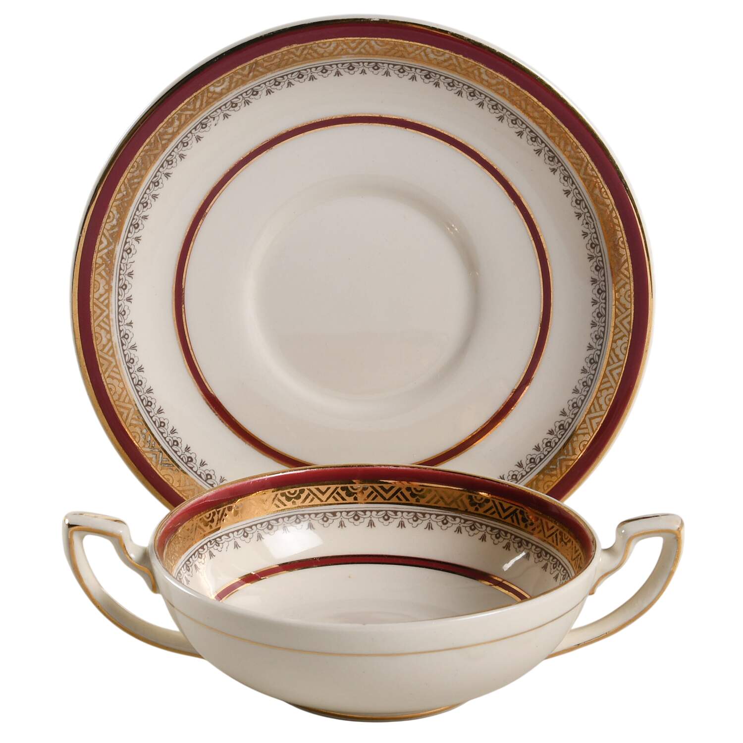 The Crowning Maroon Flat Cream Soup Bowl & Saucer Set by Myott Staffordshire-1