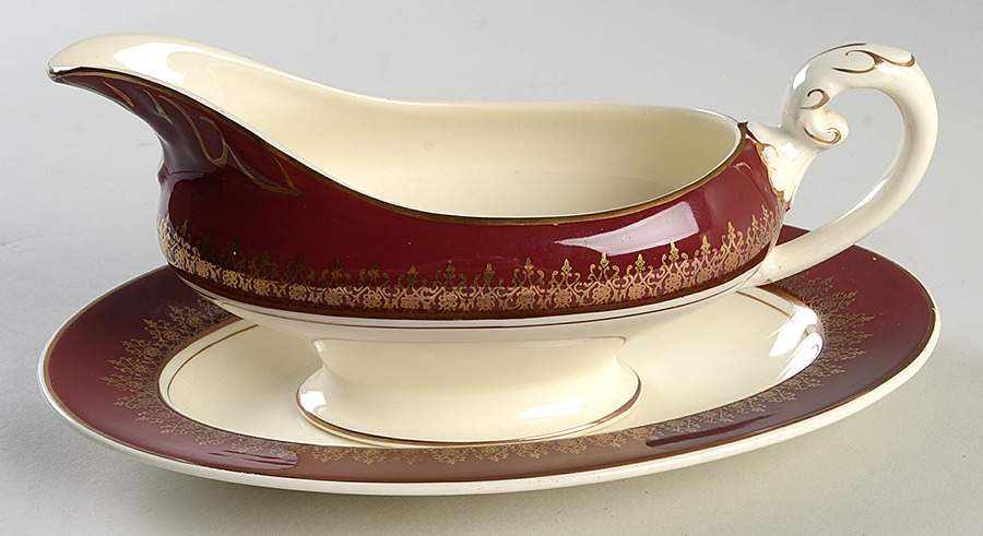 Elizabeth II Crowning Burgundy Gravy Boat & Underplate/Relish by Myott Staffordshire-1