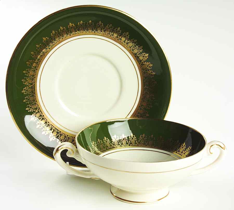 Elizabeth II Crowning Green Footed Cream Soup Bowl & Saucer Set by Myott Staffordshire-1