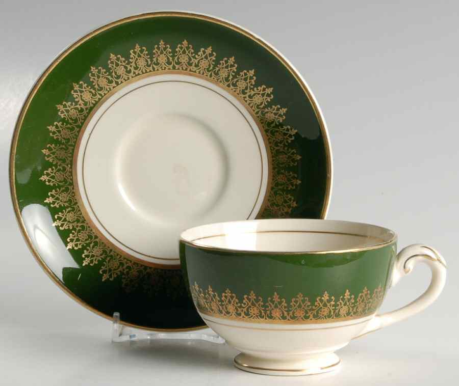 Elizabeth II Crowning Green Footed Cup & Saucer Set by Myott Staffordshire-1