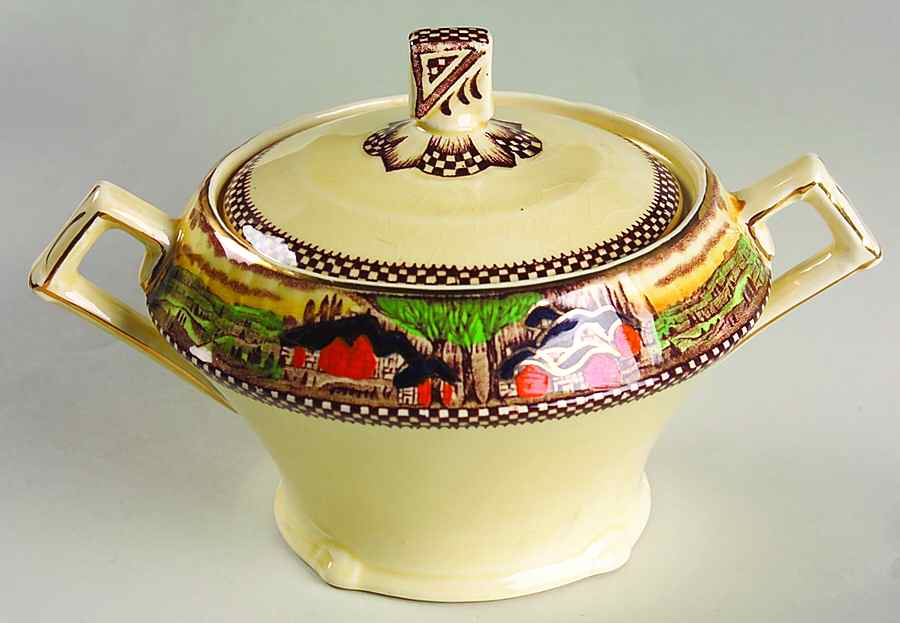 England's Countryside (Scalloped, Gold) Sugar Bowl & Lid by Myott Staffordshire-1