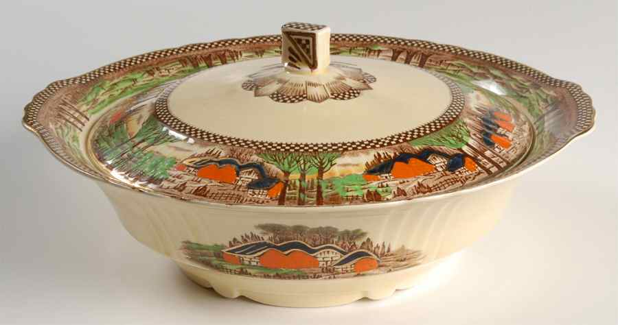 England's Countryside (Scalloped, Gold) Round Covered Vegetable by Myott Staffordshire-1