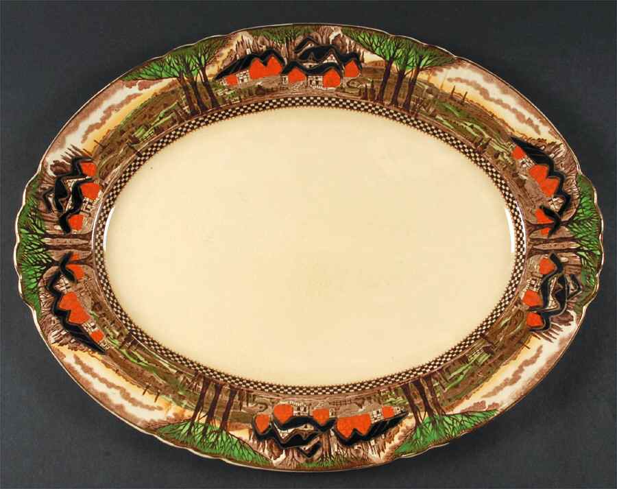 England's Countryside (Scalloped, Gold) 16" Oval Serving Platter by Myott Staffordshire-1