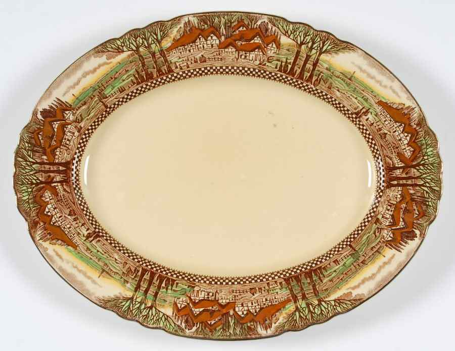 England's Countryside (Scalloped, Gold) 12" Oval Serving Platter by Myott Staffordshire-1