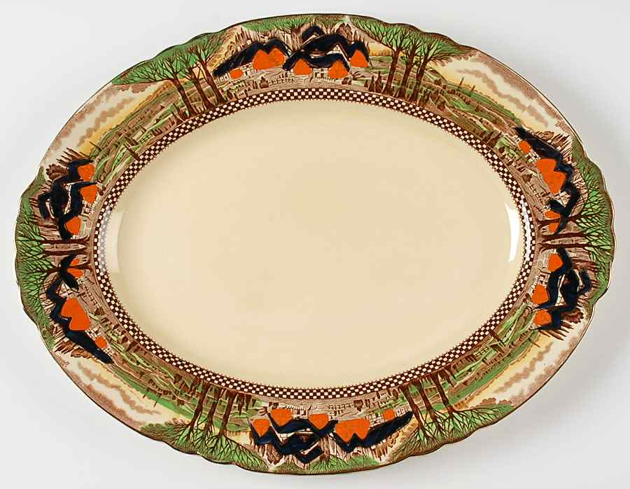 England's Countryside (Scalloped, Gold) 14" Oval Serving Platter by Myott Staffordshire-1