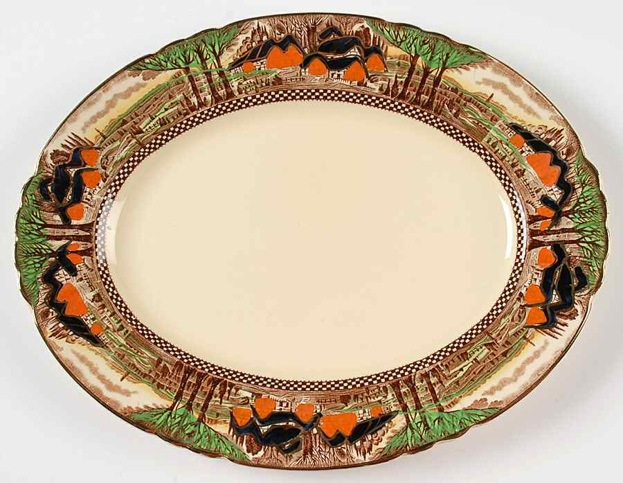 England's Countryside (Scalloped, Gold) 11" Oval Serving Platter by Myott Staffordshire-1