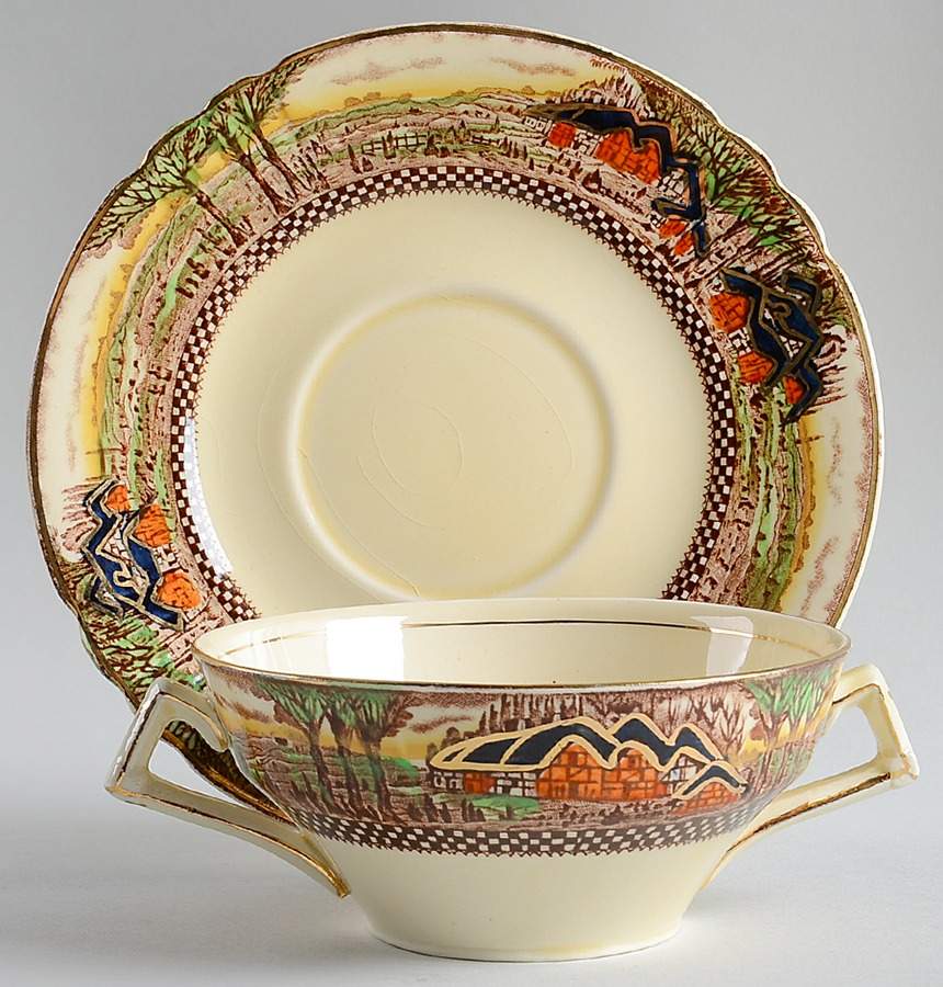 England's Countryside (Scalloped, Gold) Flat Cream Soup Bowl & Saucer Set by Myott Staffordshire-1