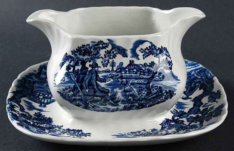 Hunter Blue (No Trim) Gravy Boat with Attached Underplate by Myott Staffordshire-1