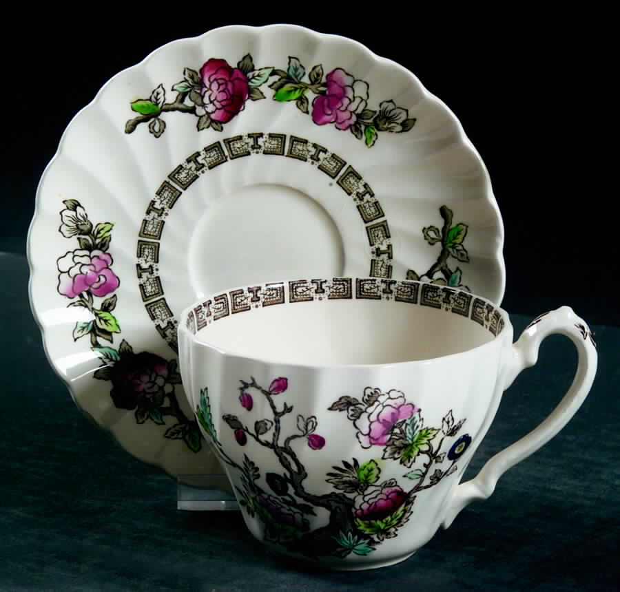 Indian Tree (No #, No Green Border, Cream) Oversized Cup & Saucer Set by Myott Staffordshire-1