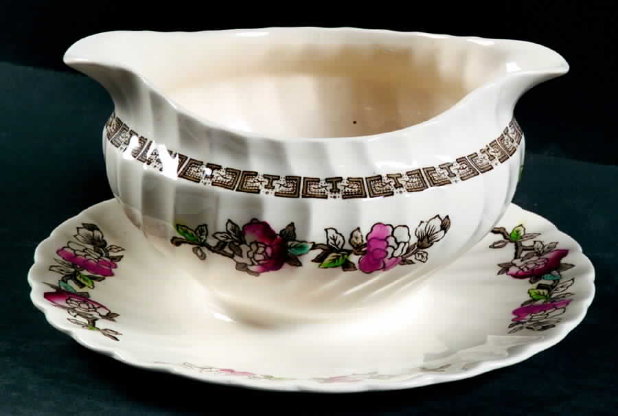 Indian Tree (No #, No Green Border, Cream) Round Gravy Boat/Attached Underplate by Myott Staffordshire-1