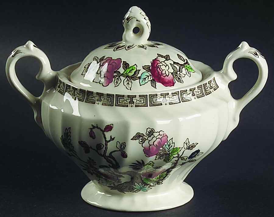 Indian Tree (No #, No Green Border, Cream) Sugar Bowl & Lid by Myott Staffordshire-1