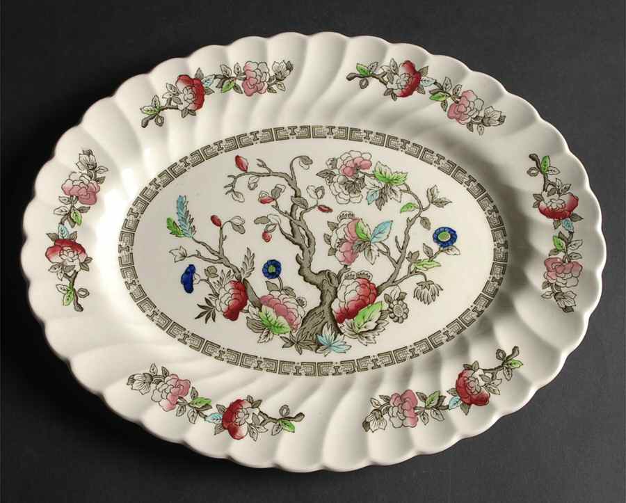 Indian Tree (No #, No Green Border, Cream) 12" Oval Serving Platter by Myott Staffordshire-1