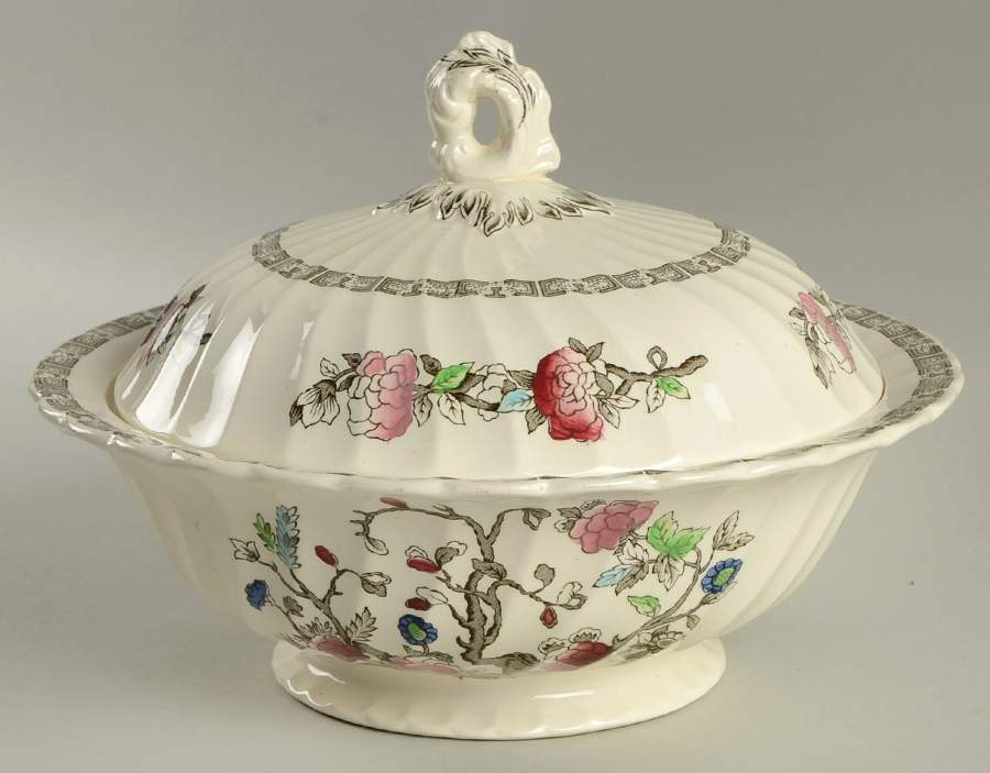 Indian Tree (No #, No Green Border, Cream) Round Covered Vegetable by Myott Staffordshire-1