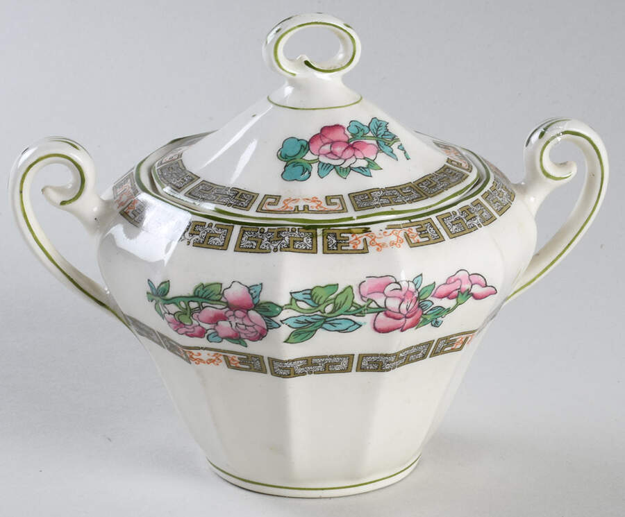 Indian Tree Green (Green Trim, 12 Sided) Sugar Bowl & Lid by Myott Staffordshire-1