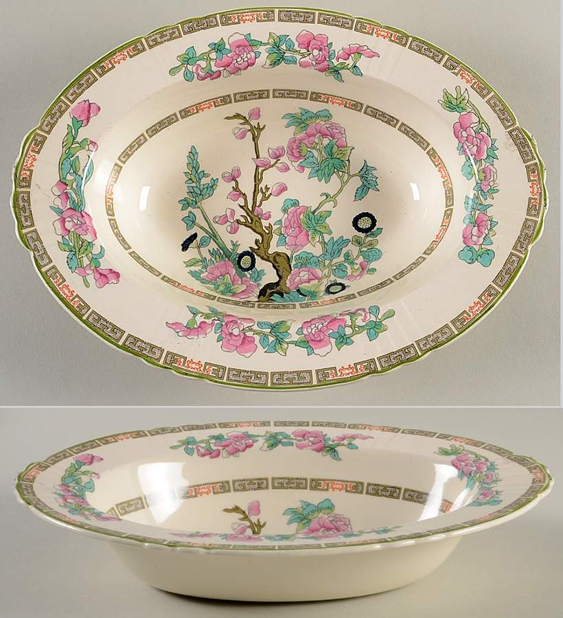 Indian Tree Green (Green Trim, 12 Sided) 10" Oval Vegetable Bowl by Myott Staffordshire-1