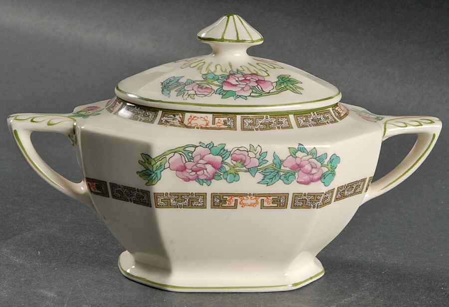 Indian Tree Green (Green Trim, 12 Sided) Sugar Bowl & Lid by Myott Staffordshire-1