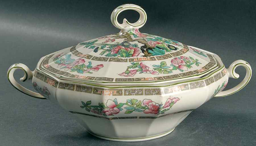 Indian Tree Green (Green Trim, 12 Sided) Round Covered Vegetable by Myott Staffordshire-1