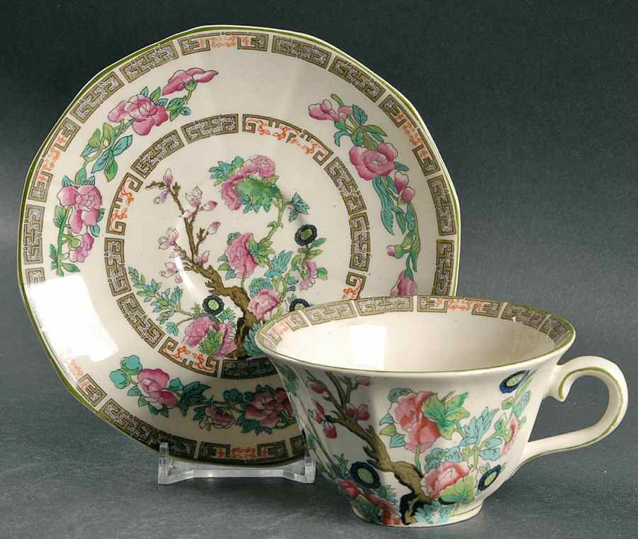 Indian Tree Green (Green Trim, 12 Sided) Flat Cup & Saucer Set by Myott Staffordshire-1