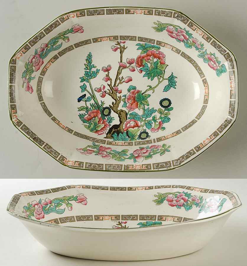 Indian Tree Green (Green Trim, 12 Sided) 9" Oval Vegetable Bowl by Myott Staffordshire-1