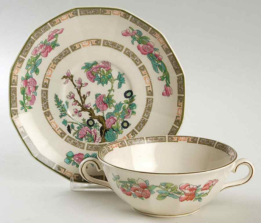 Indian Tree Green (Green Trim, 12 Sided) Flat Cream Soup Bowl & Saucer Set by Myott Staffordshire-1