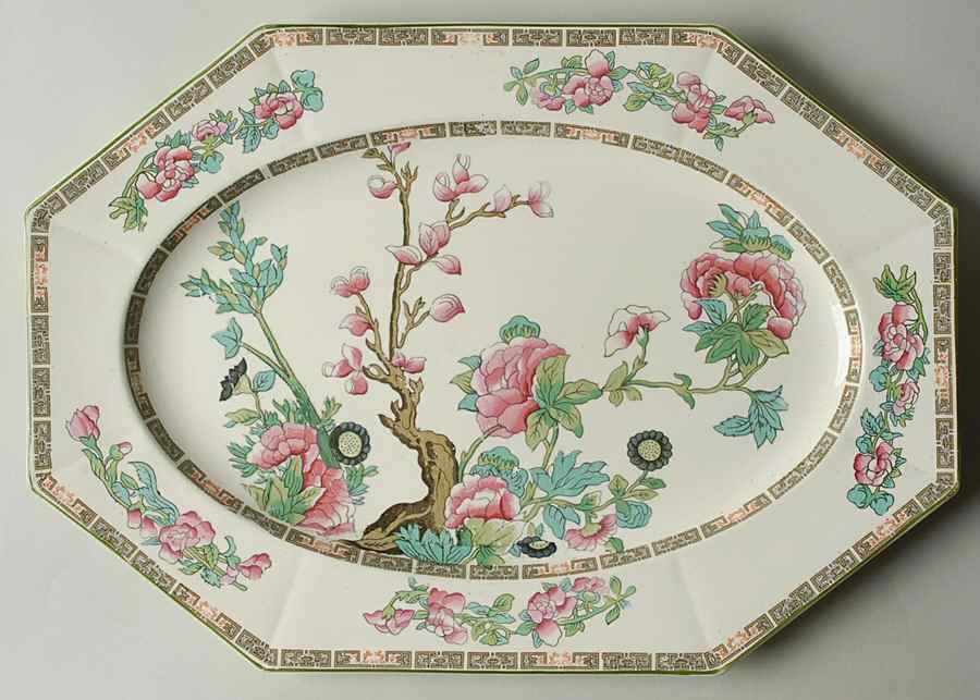 Indian Tree Green (Green Trim, 12 Sided) 14" Oval Serving Platter by Myott Staffordshire-1