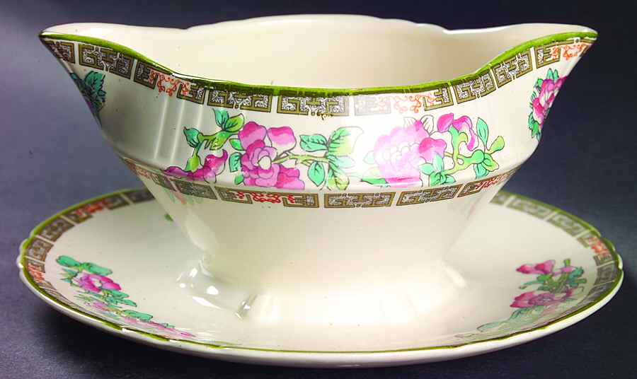 Indian Tree Green (Scalloped) Gravy Boat with Attached Underplate by Myott Staffordshire-1