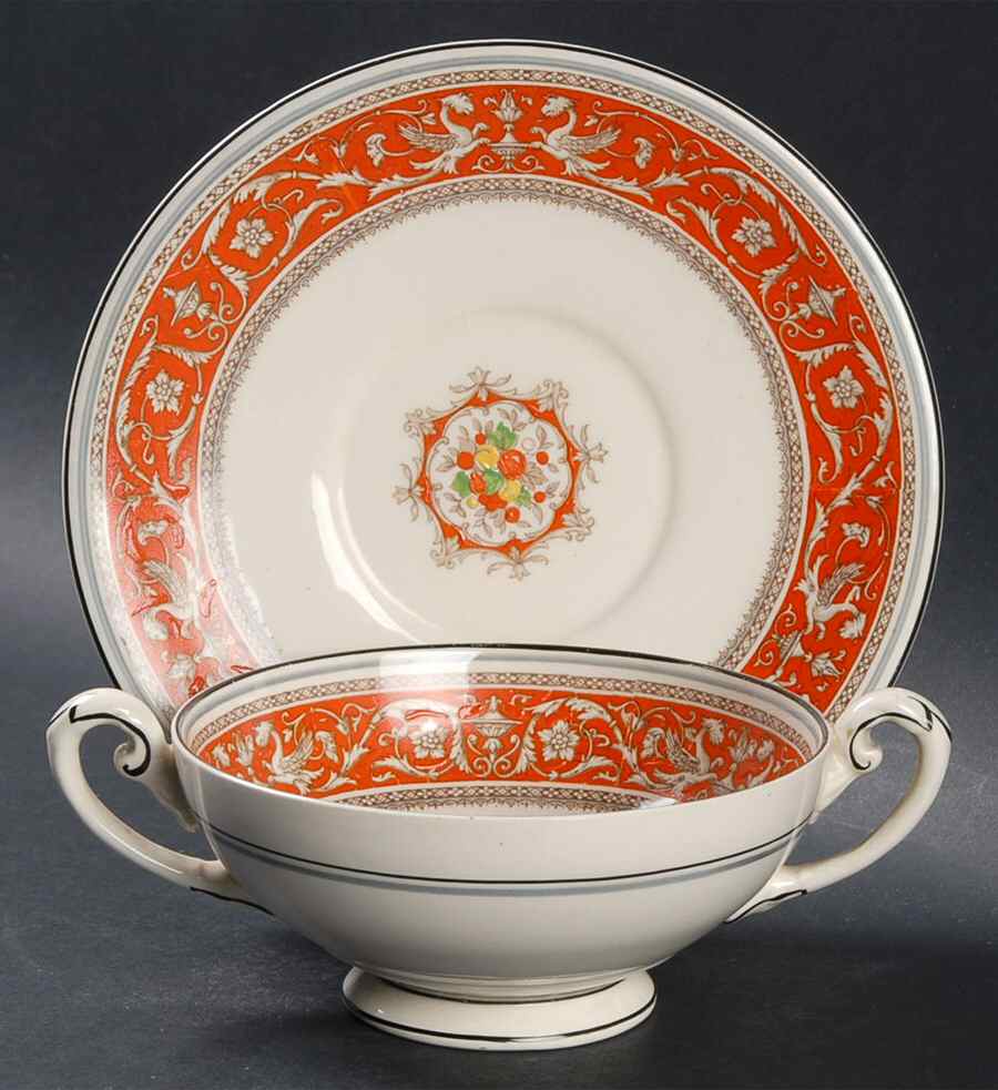 Medici Orange Red Footed Cream Soup Bowl & Saucer Set by Myott Staffordshire-1