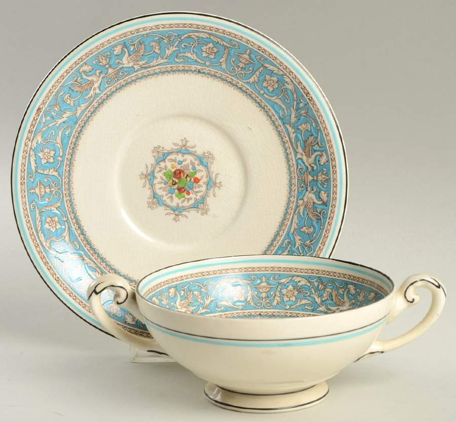 Medici Turquoise (Center Design) Footed Cream Soup Bowl & Saucer Set by Myott Staffordshire-1
