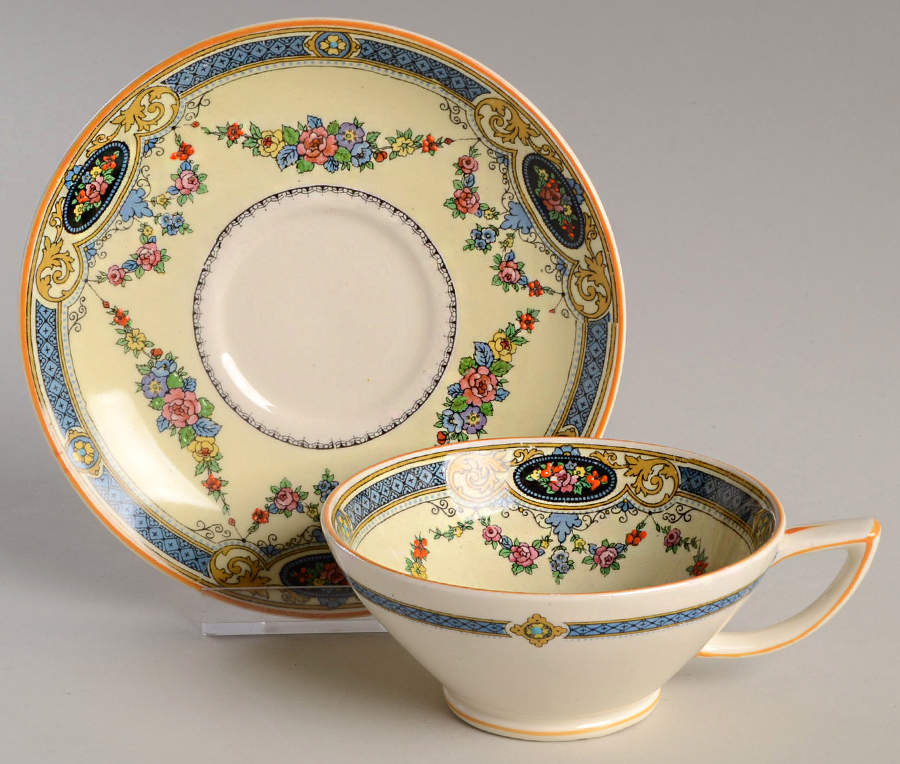 Argyle (Yellow Trim) Footed Cup & Saucer Set by Myott Staffordshire-1