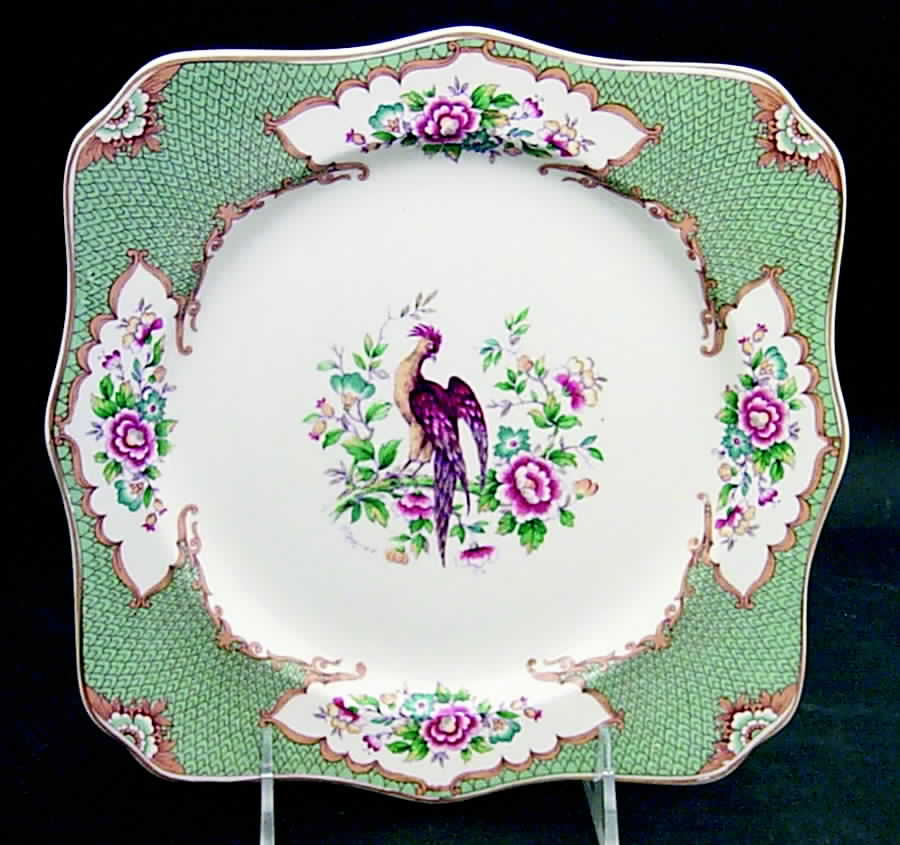 Old Bow Pheasant Green Square Luncheon Plate by Myott Staffordshire-1