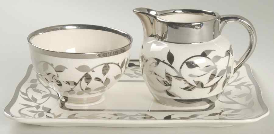 Old Silver Lustre Creamer & Open Sugar with Tray by Myott Staffordshire-1