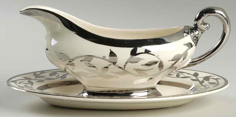 Old Silver Lustre Gravy Boat & Underplate by Myott Staffordshire-1