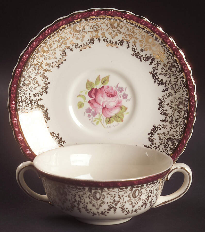 Princess Elizabeth Red Flat Cream Soup Bowl & Saucer Set by Myott Staffordshire-1
