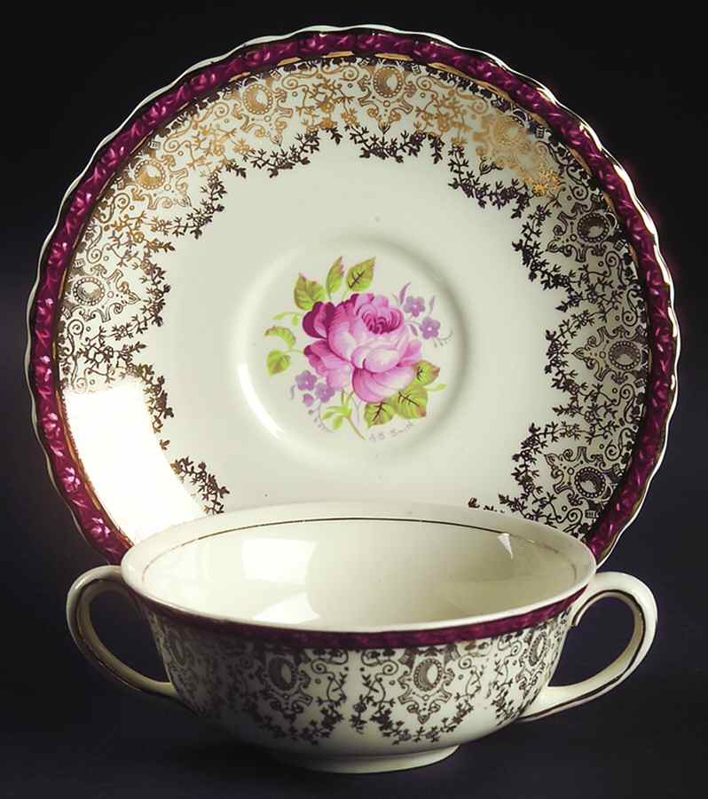 Princess Elizabeth Red Flat Cream Soup Bowl & Saucer Set by Myott Staffordshire-1