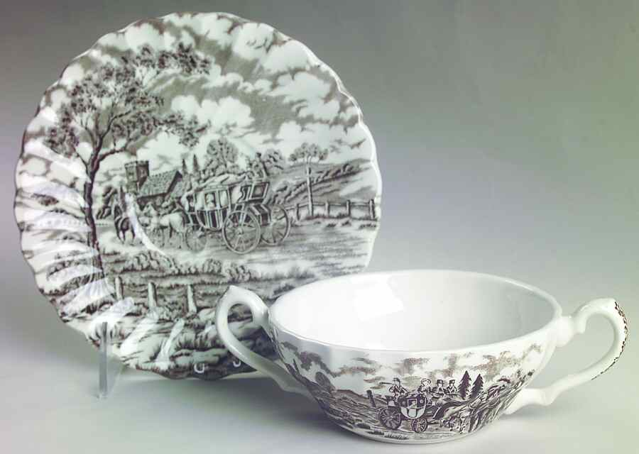 Royal Mail Brown (White Background) Flat Cream Soup Bowl & Saucer Set by Myott Staffordshire-1