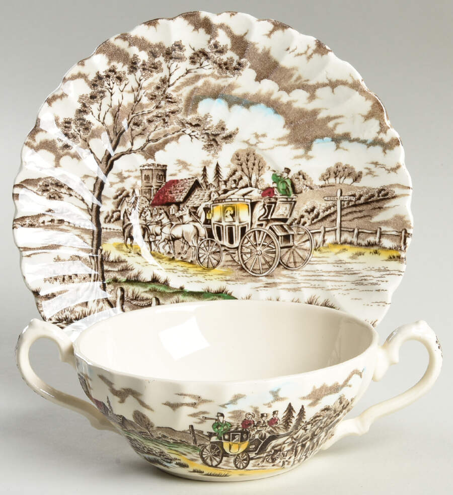 Royal Mail Multicolor (Cream Background) Flat Cream Soup Bowl & Saucer Set by Myott Staffordshire-1