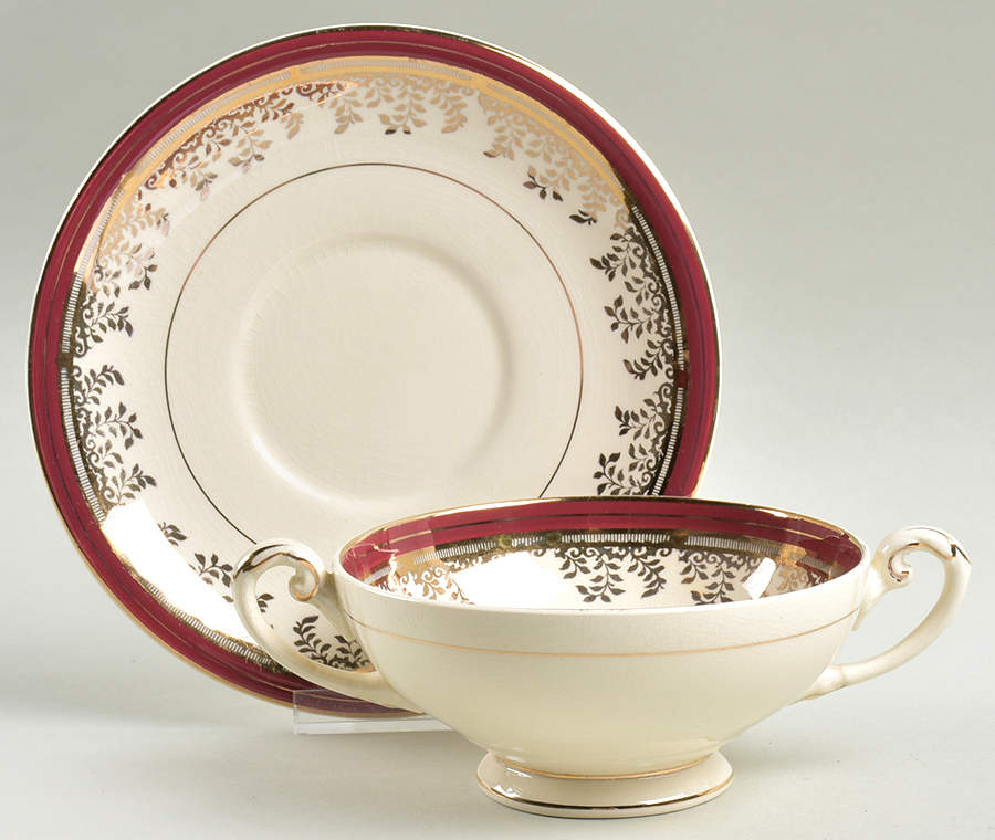 Royalty Maroon Band Footed Cream Soup Bowl & Saucer Set by Myott Staffordshire-1