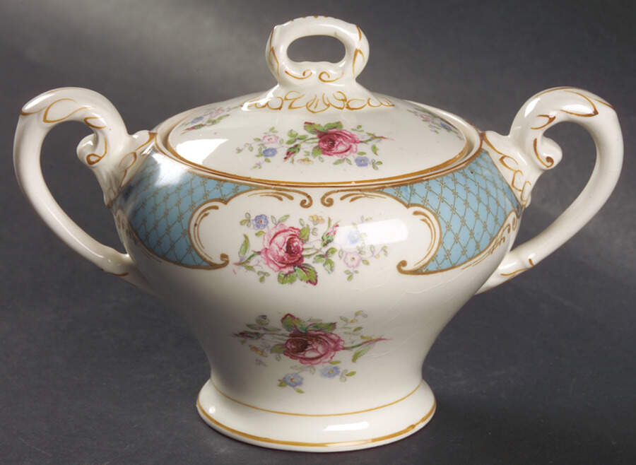 Staffordshire Rose Blue Sugar Bowl & Lid by Myott Staffordshire-1
