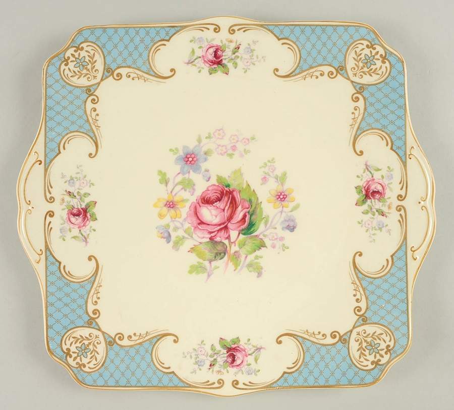 Staffordshire Rose Blue Square Handled Cake Plate by Myott Staffordshire-1