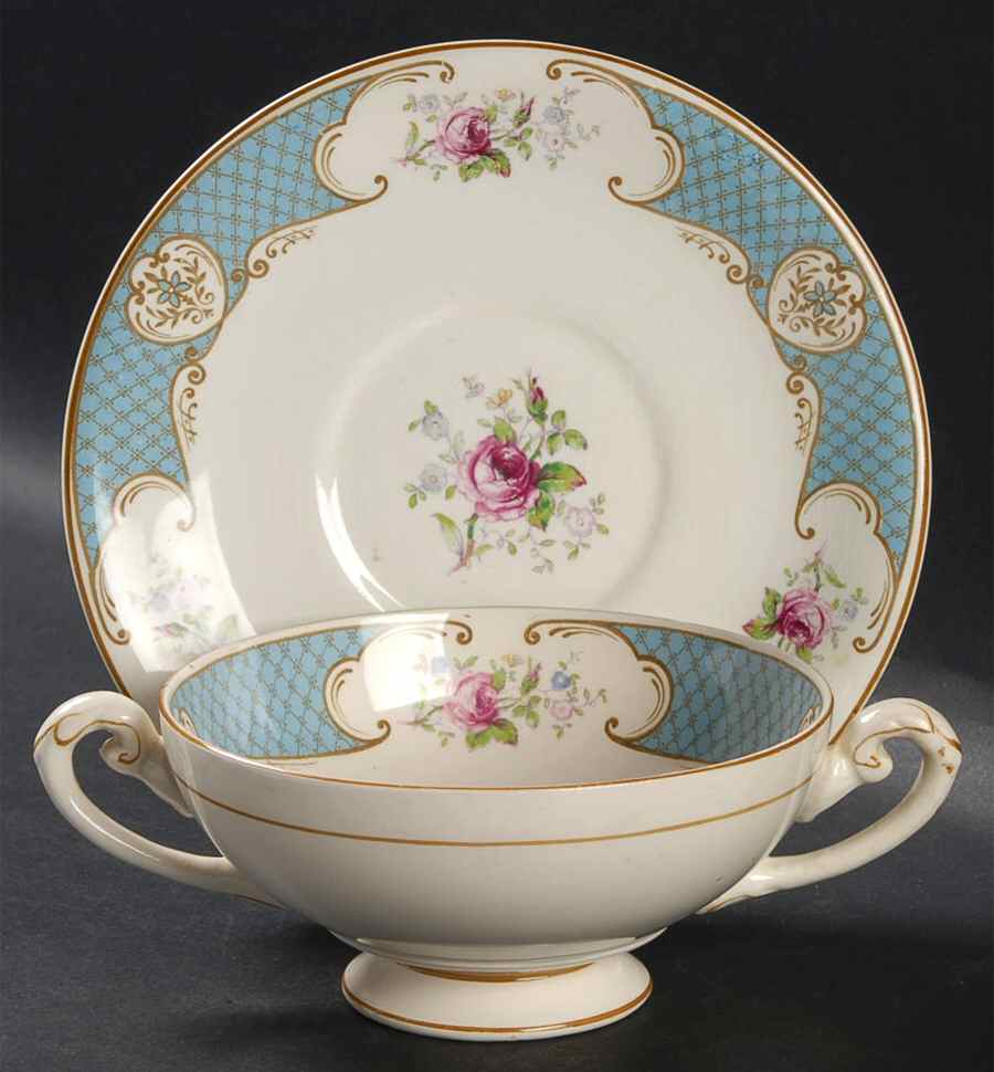 Staffordshire Rose Blue Footed Cream Soup Bowl & Saucer Set by Myott Staffordshire-1