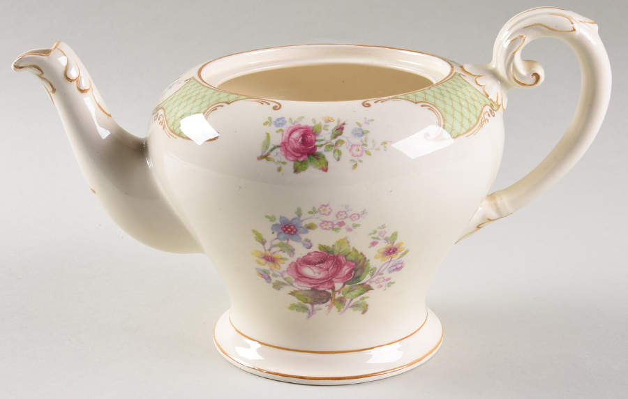 Staffordshire Rose Green Teapot No Lid by Myott Staffordshire-1