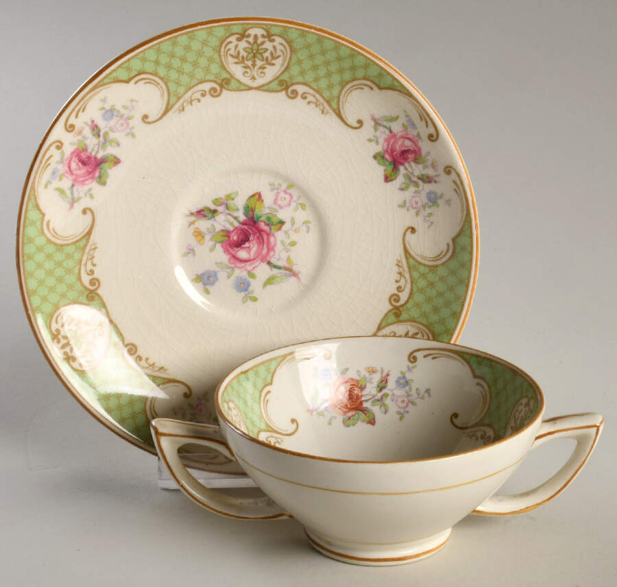 Staffordshire Rose Green Bouillon Cup & Saucer by Myott Staffordshire-1