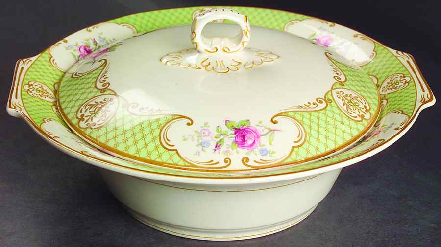 Staffordshire Rose Green Round Covered Vegetable by Myott Staffordshire-1