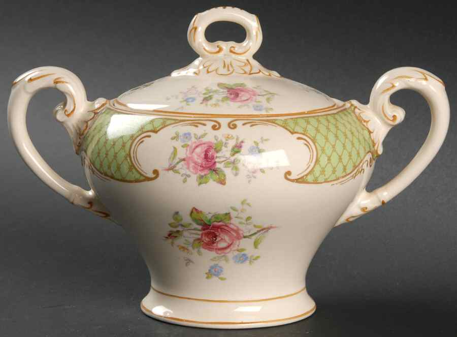 Staffordshire Rose Green Sugar Bowl & Lid by Myott Staffordshire-1